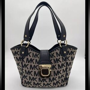 Michael Kors Jet Set Travel Canvas Logo Tote Bag Gold Hardware-Leather Purse